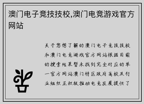 澳门电子竞技技校,澳门电竞游戏官方网站